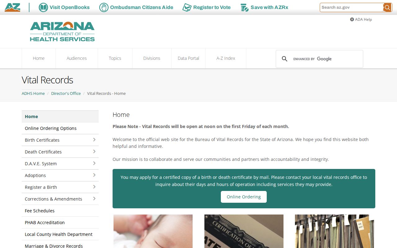 Phoenix residents directory Arizona vital records certificate services