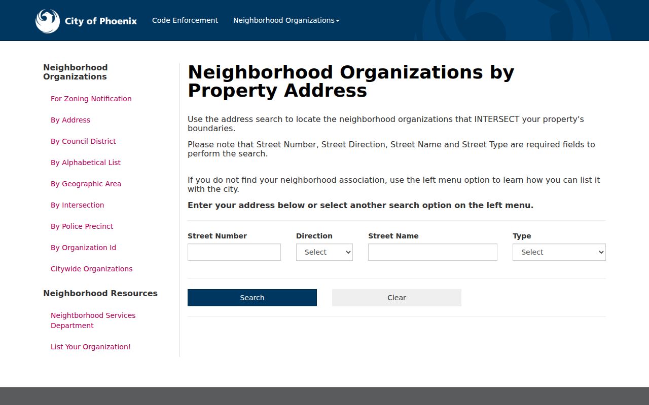 Phoenix neighbors organization search by address