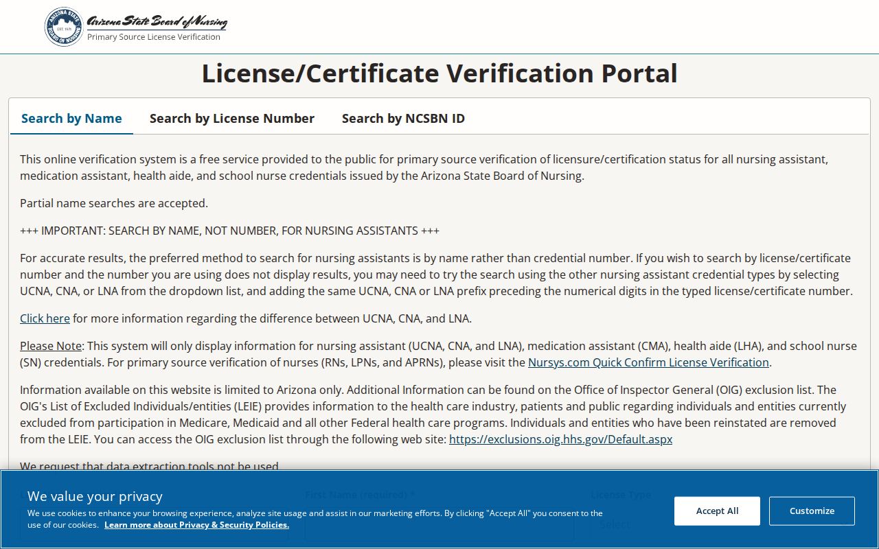 Phoenix resident lookup using the Arizona nursing license search