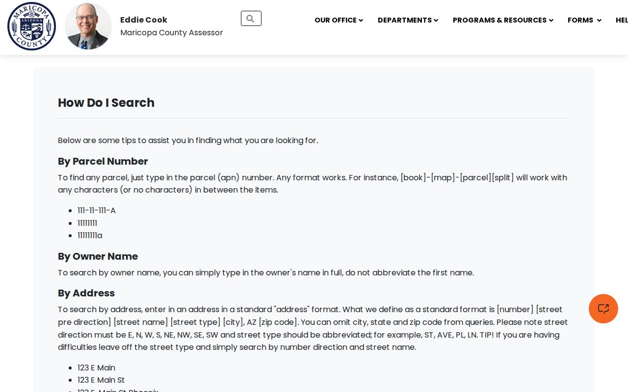 Phoenix street directory Assessor address search instructions